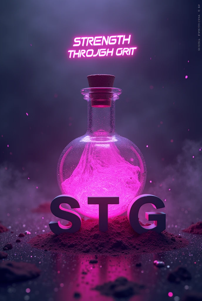 A potion with pink liquid, with universe background with purple and dark blue gradient, with 3 large letters in CAPSLOCK cyberpunk written STG below the potion and also write Strength Through Grit above the potion with the same font as STG