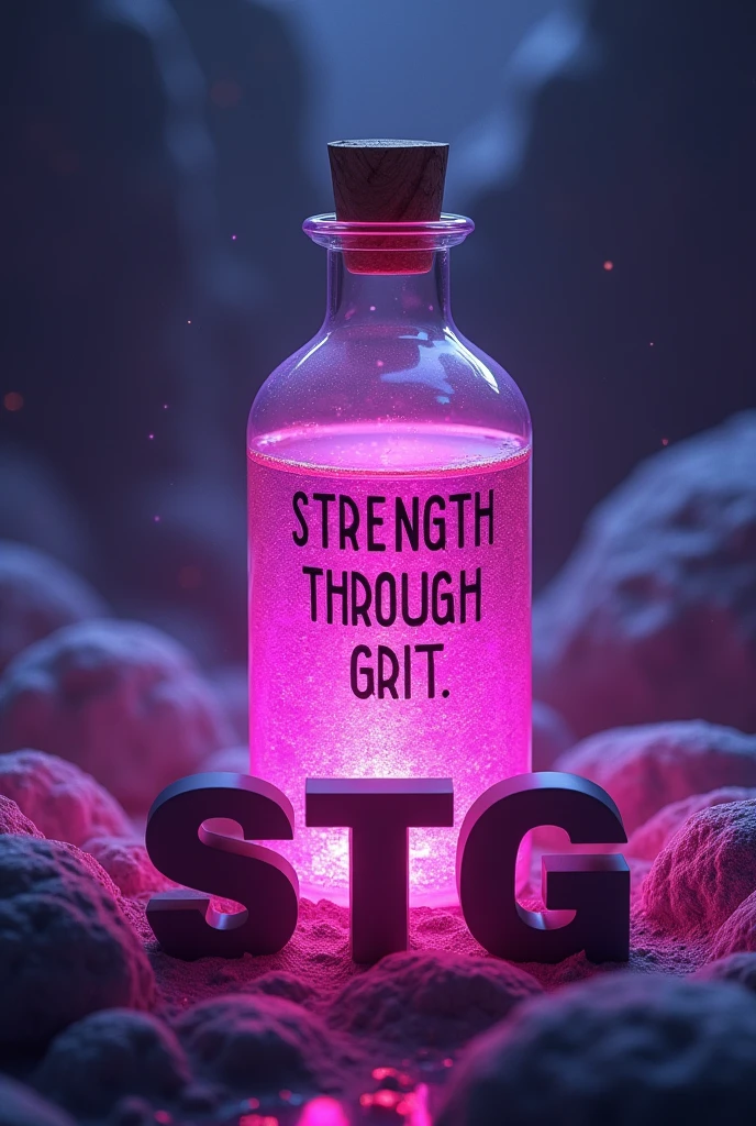 A potion with pink liquid, with universe background with purple and dark blue gradient, with 3 large letters in CAPSLOCK cyberpunk written STG below the potion and also write Strength Through Grit above the potion with the same font as STG