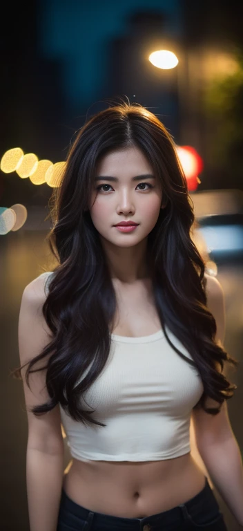 1girl,solo,long hair,Rough skin,(looking at viewer:1.2),wet hair,micro_shorts,dark,polaroid,(depth_of_field:1.5),rainy days,outdoors,street,hair between eyes,moody lighting,Tyndall effect,Cinematic Lighting,night,lamppost,lens flare,available light,rim light,glowing neon lights,curvy,chinese_style,