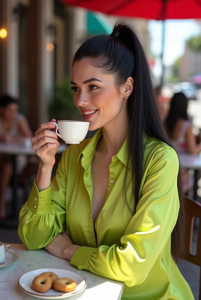 Masterpiece, best quality, super detailed, super realistic, photorealistic, beautiful Italian model with black hair, in the middle of a Los Angeles street, سینه بزرگ. sitting at a table with a cup of tea and cookies: 1.2, shiny satin lime shirt: 1.1, super detailed face , long ponytail, long straight black hair, pale skin, plump breasts, smiling, perfect hands, perfect fingers. Prominent chest, definite chest curve.