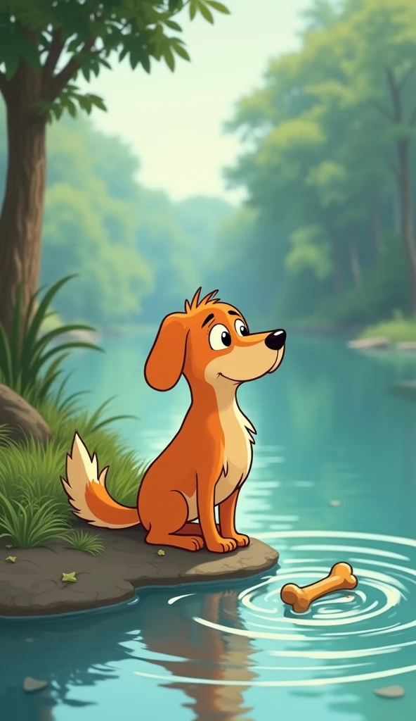The bone disappears into the water, leaving the dog looking down sadly at the ripples in the river.
The dog is orange and Show a dog but should not be fat or child.
Show as cartoons