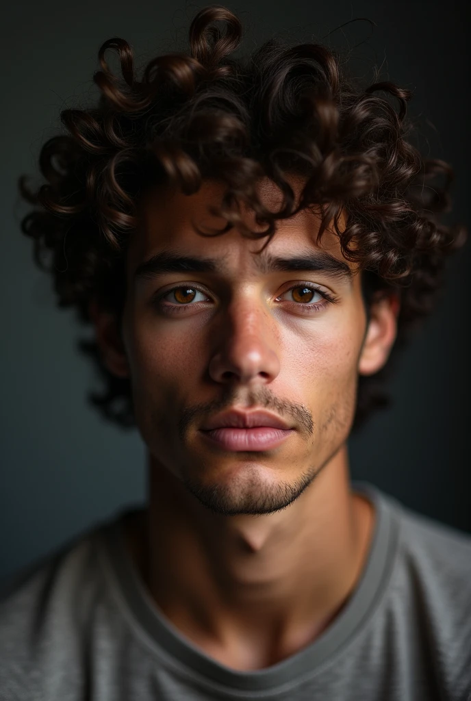 A young man with curly hair, photographed using Nikon D850, 85mm lens, studio lighting, ultra high resolution, sharp facial features, detailed skin pores.