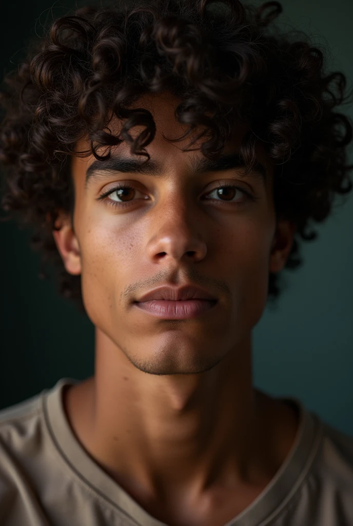 A young man with curly hair, photographed using Nikon D850, 85mm lens, studio lighting, ultra high resolution, sharp facial features, detailed skin pores.