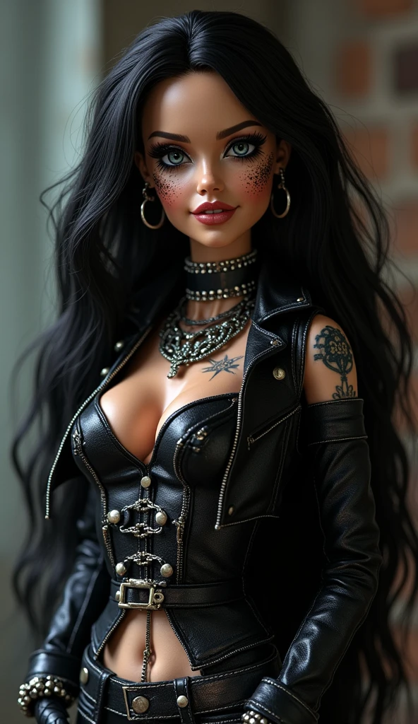 Ultra realistic, super realistic , black metal Barbie, rockstar, perfect hourglass body, perfect breast, full body shot, freckles, braces