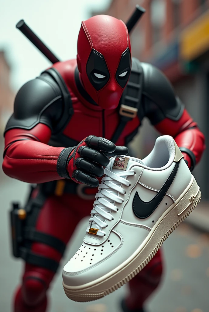 Deadpool grabbing AF1 white low cut shoes