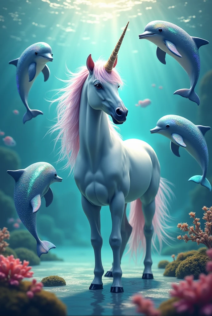 I want a unicorn with very colorful dolphins