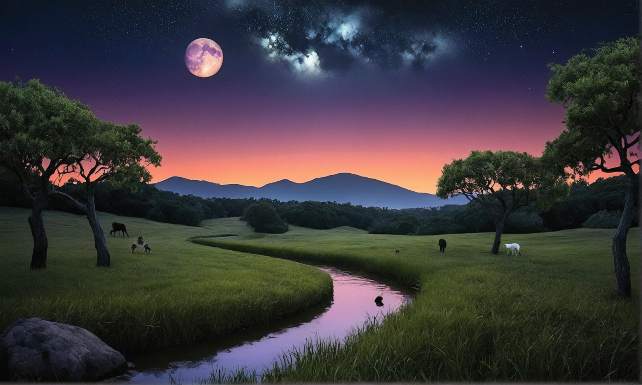 "Illustrate a landscape where the presence of two moons in the sky affects the day and night cycle. Show one moon illuminating the scene with a soft, twilight glow, while the other is in a shadowed phase, creating areas of deep darkness. The environment should include a mix of both dimly lit and darker areas, emphasizing the contrast. The scene should also depict a variety of animals and plants reacting to the unusual lighting—nocturnal creatures might be shown in unusual activity, and the landscape should have an eerie, almost otherworldly atmosphere. The sky should have stars visible, adding to the surreal effect of this altered world."