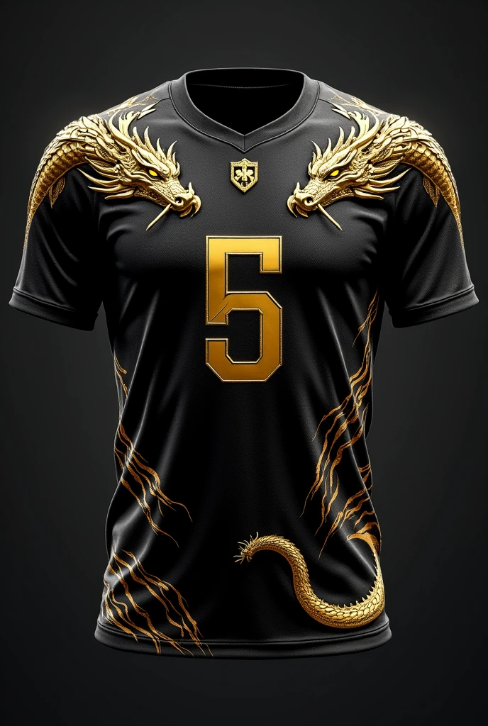 Create a black sports jersey with an elegant golden dragon claw design. The dragon's claws appear to be tearing through the fabric on the chest, revealing streaks of gold beneath. The player number is in bold gold in the center of the jersey, while the dragon's tail wraps around the bottom hem. A small, golden dragon emblem is located near the neckline, giving the jersey a powerful and mythical appearance.