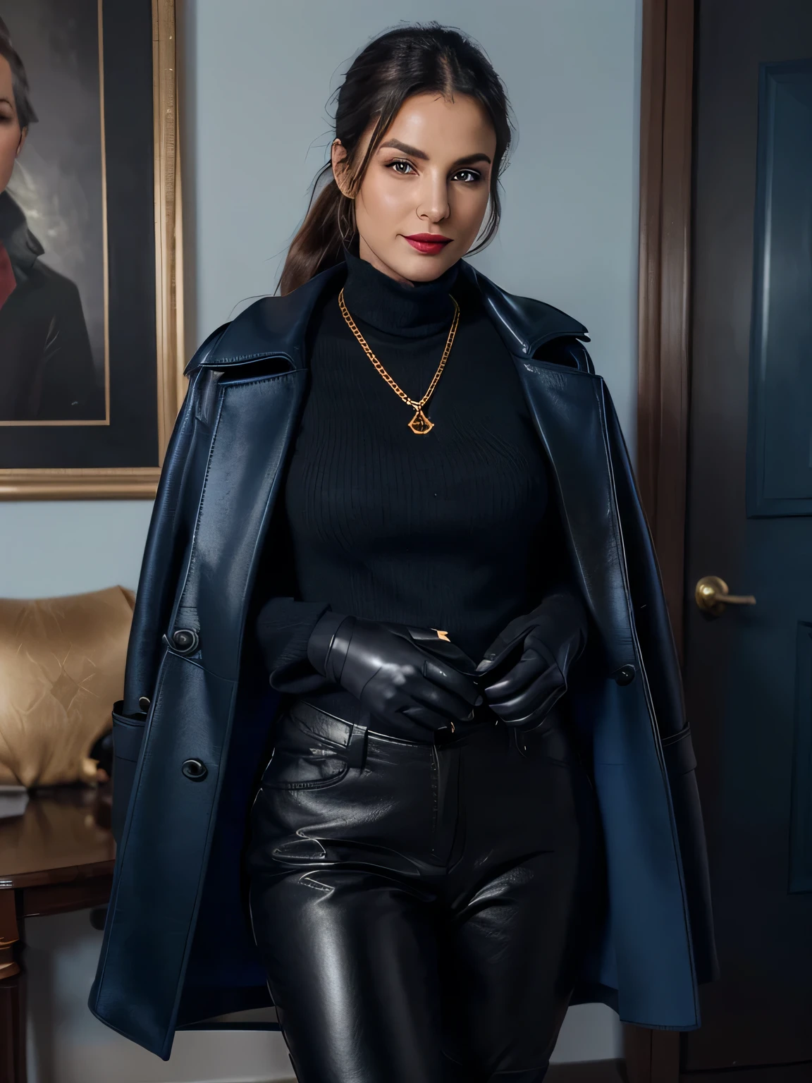 photo of a completly clothed prime minister of parliament woman with a smile standing inside her office, she just entered in the room ( no nudity) ,waitin for the man she loves , monica bellucci at 32 , ((incredibly clear clear blue eyes )) (( flirting with the camera)) (( smart smiling lookin at the camera)) (( red lipstick)) (( Monica is dressed with a long leatehr coat over a blue tellier jacket blue turtleneck sweater , gold chain, and black leather pants inside the boots,:1.2 )) (( black soft stiletto pirate high knee Leather boots )) (( black ponytail hair)) (( she is wearing his favorite vintage black silk gloves )) (( she is standing with a sport bag on her shouders,)) (( full figure woman)) (( the photo is from up front worms eyes view )) 4k 8k ultradetailed, kodak print, detailed realistic face, 4k 8k ultradetailed, smooth images, realistic woman, detailed eyes, detailed face, detailed lips