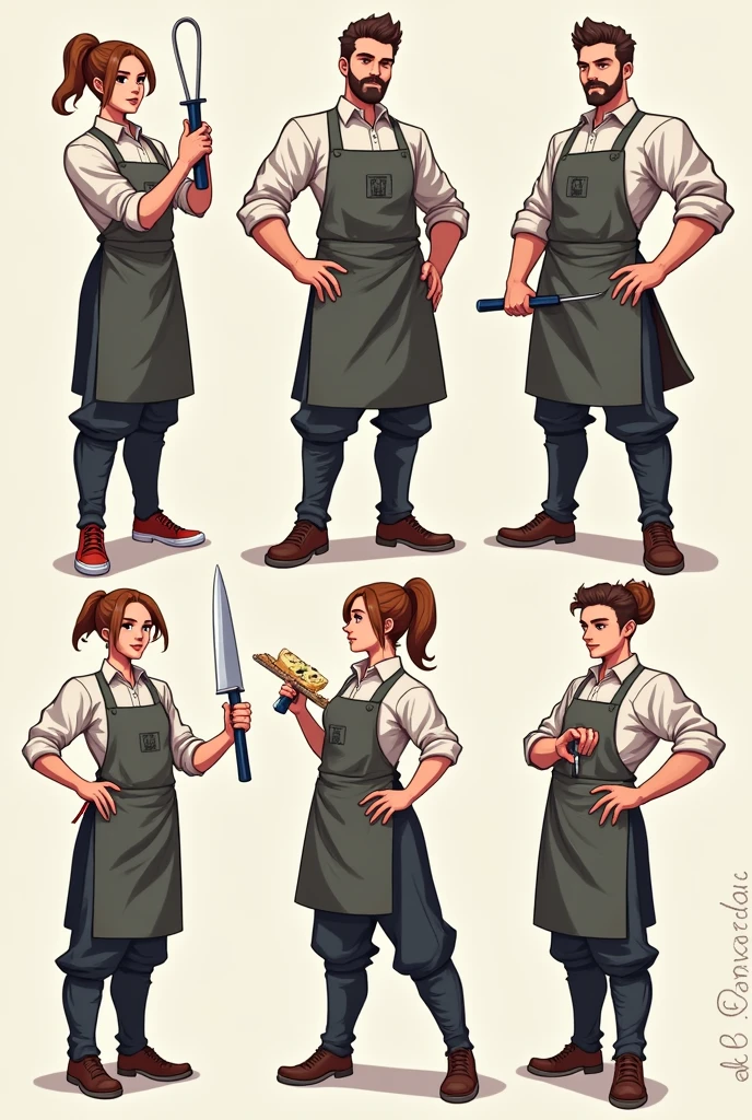 hello can you please draw 6 different designes for cooking, pastry, dental technic, tailoring and hairdressing in french?