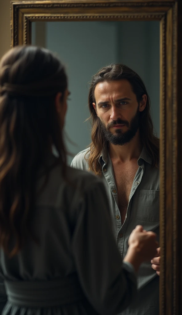 A person standing before a mirror, making a firm vow to themselves with a determined expression, symbolizing the promise to never give up.