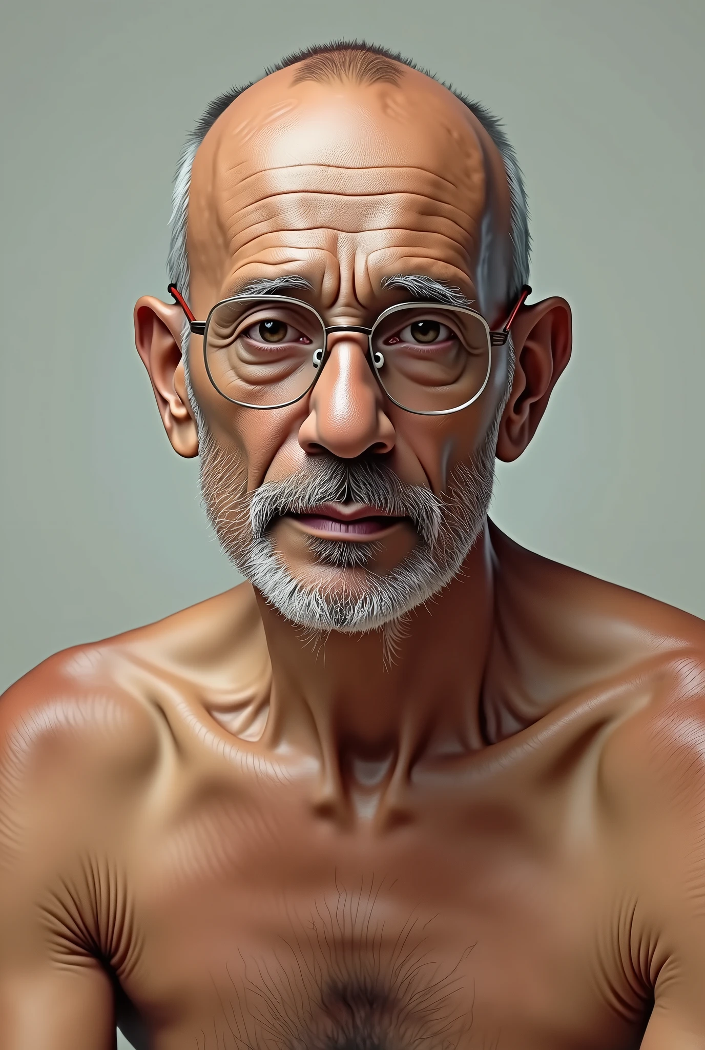 A bald man,oval head,wearing transparent spectacles ,Bangladeshi man,little bit older and fully naked,face oval shaped,no head,he is not wearing anything on head,face is round shaped image shall be realistic
