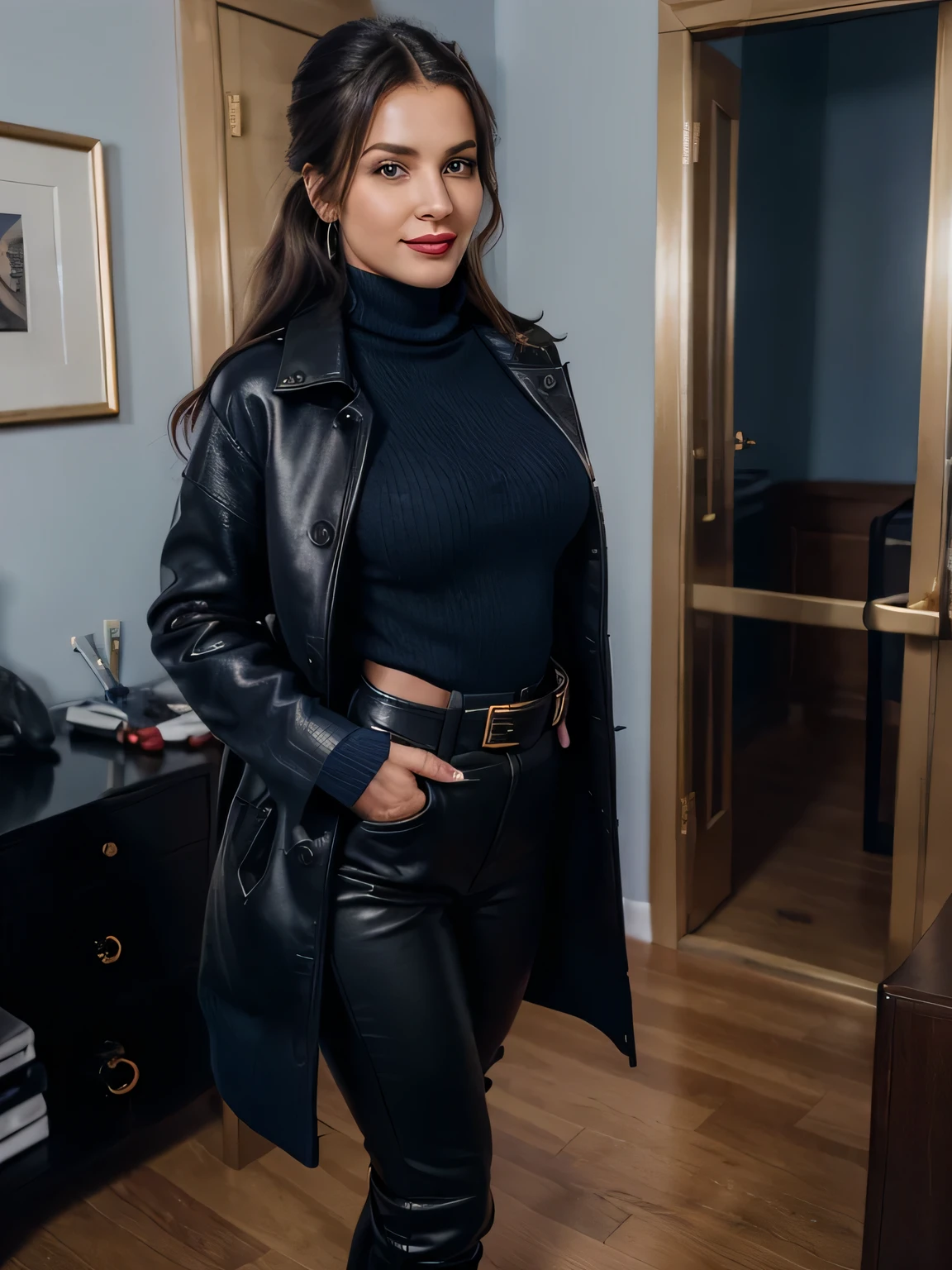 photo of a completly clothed prime minister of parliament woman with a smile standing inside her office, she just entered in the room ( no nudity) ,waitin for the man she loves , monica bellucci at 32 , ((incredibly clear clear blue eyes )) (( flirting with the camera)) (( smart smiling lookin at the camera)) (( red lipstick)) (( Monica is dressed with a long leatehr coat over a blue tellier jacket blue turtleneck sweater , gold chain, and black leather pants inside the boots,:1.2 )) (( black soft stiletto pirate high knee Leather boots )) (( black ponytail hair)) (( she is wearing his favorite vintage black silk gloves )) (( she is standing with a sport bag on her shouders,)) (( full figure woman)) (( the photo is from up front worms eyes view )) 4k 8k ultradetailed, kodak print, detailed realistic face, 4k 8k ultradetailed, smooth images, realistic woman, detailed eyes, detailed face, detailed lips