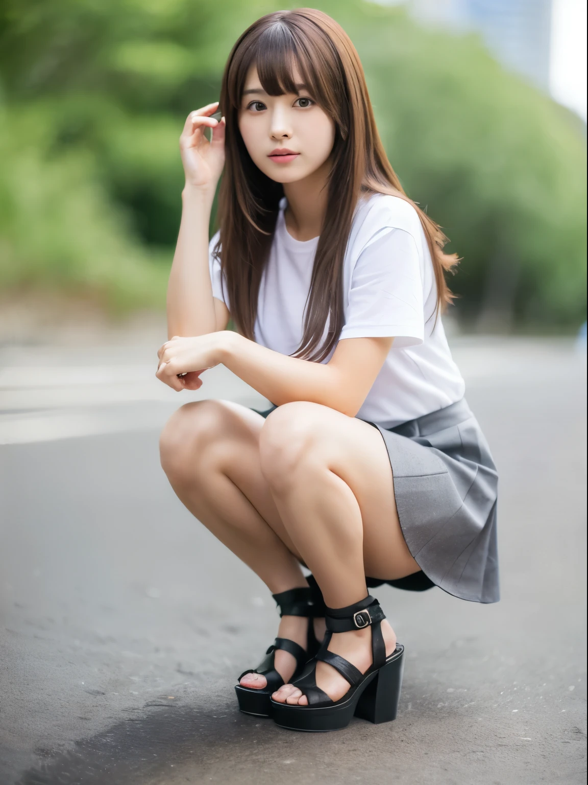 (8k, Top quality, Masterpiece:1.2), (Realistic, photo-realistic:1.37), Super detailed, perfect anatomy, cute, small eyes, 1, a Japanese, girl, mini skirt, slim legs, heels, squatting, outdoor,