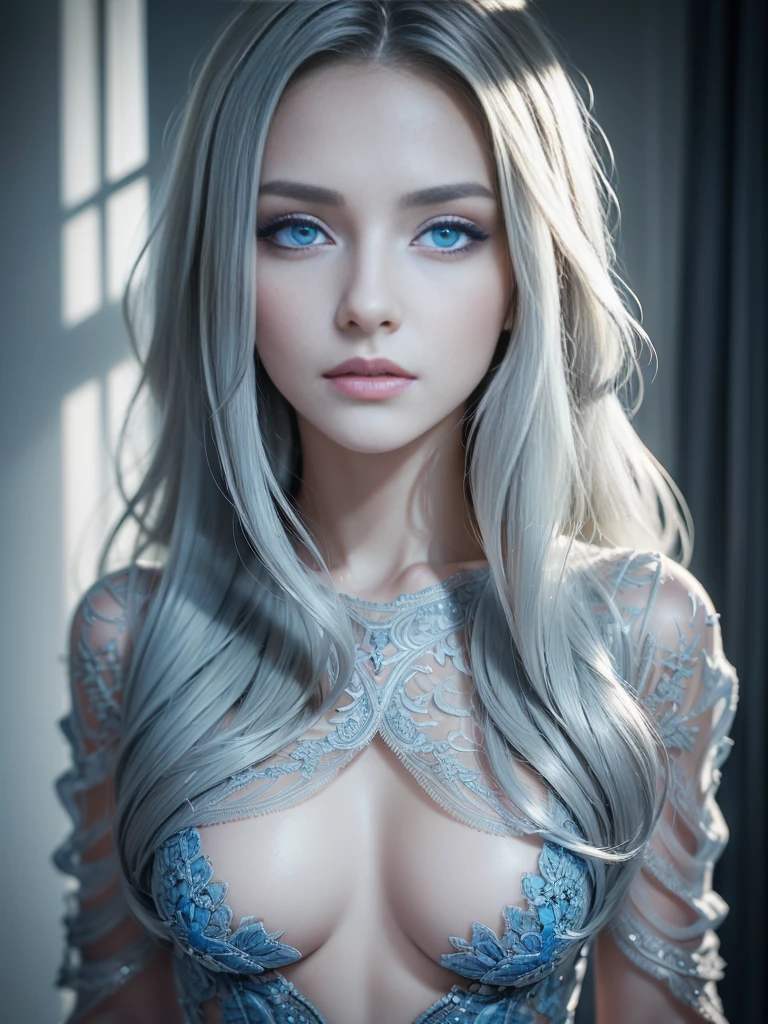 8k, (full body shot:1.2), 20-year-old swedish girl, raw, Beautiful woman, (straight gray hair), (intricate sheer transparent translucent clothes, barely clothed, intricate, beautifull face, elegant dress, highly detailed, shyness), intricate, beautifull face, elegant, highly detailed, digital hyperrealistic photography, hyperrealistic photography filigree, shyness, most beautyfull face, (masterpiece, sidelighting, (finely detailed beautifull blue eyes: 1.2)),