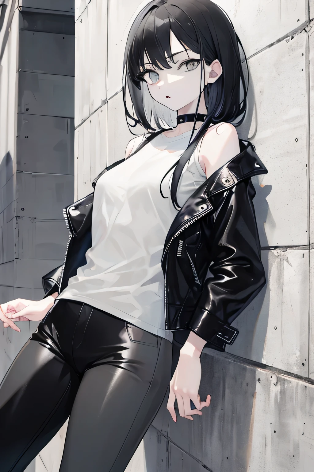 Masterpiece, best quality,extremely detailed,ultra detailed,(one woman,shoulder-length jet-black hair,black leather jacket under a white shirt,leather black pants:1.3),(resting her back to a concrete wall:1.3),from front,the whole body,solo,Squinted eyes,(jet-black and light gray odd-eye:2.0),black choker,serious face, Beautiful eyes,perfect eyes,perfect hands, perfect finger, perfect legs,light white skin,Leaning against the wall,Japan anime style,aqua style、from the front,head-on,comic,standing,black leather pants,jet-black hair,jet-black and gray eyes,jet-black leather jacket over a white shirt