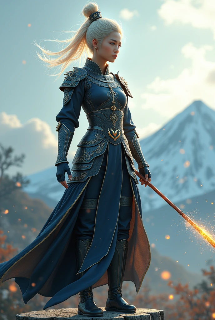 (masterpiece, best quality, beauty, best ratio, best shadows,best Illustration, wallpaper size,1080×2400 pixels)
Uhd, korean woman beauty like tae yon, kungfu taichi pose, full posture fully visible, shining blue eyes, windblown short blonde hair, wear black titanium full china general war armory with swallow emblem, hand holding a spear emits gold energy, standing on top chess piece pillar. Morning sky, full snowflake and top snowing mountain seen on far away. use the RenderMan renderer.digital art. High definition, high contrast,high color saturation,128k,cinematic lighting, intricate,cinematic advertising photograph,cinema lens,high res.
