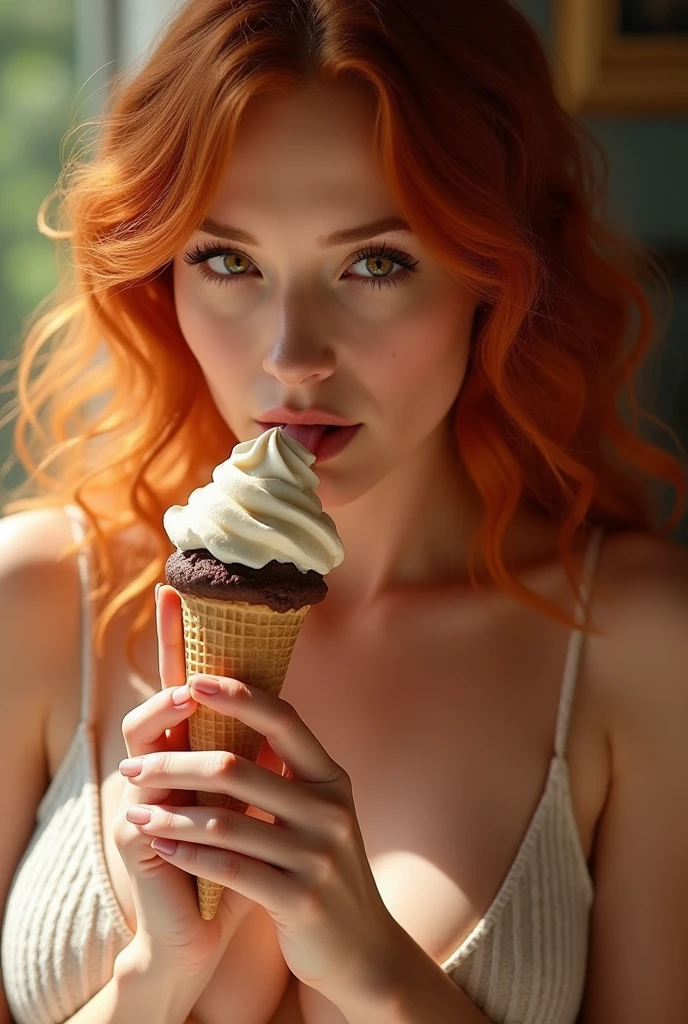 Une femme rousse sexy, au charme ensorcelant, déguste une glace avec une sensualité délibérée. Ses cheveux flamboyants, d'un rouge profond et brillant, encadrent son visage, tombant en mèches douces sur ses épaules. Elle est vêtue d'une tenue estivale, peut-être une robe légère qui met en valeur sa silhouette élancée et ses courbes naturelles.
Elle tient la glace avec délicatesse, et son regard séduisant, se pose sur l'objet de son plaisir. D'une langue habile et délicate, elle lèche la glace, savourant chaque instant avec une lenteur étudiée. Ses lèvres pulpeuses capturent la crème glacée, laissant une trace subtile qui fond rapidement sous la chaleur de sa bouche. Ses yeux mi-clos et son sourire à peine esquissé trahissent le plaisir qu'elle prend à ce jeu, rendant la scène encore plus envoûtante.
Autour d'elle, l'atmosphère est vibrante, chez elle par une journée ensoleillée, mais tout semble se concentrer sur ce moment intime et suggestif. Le contraste entre la fraîcheur de la glace et la chaleur de son attitude crée une tension délicieuse, rendant chaque geste de cette femme rousse irrésistiblement captivant.