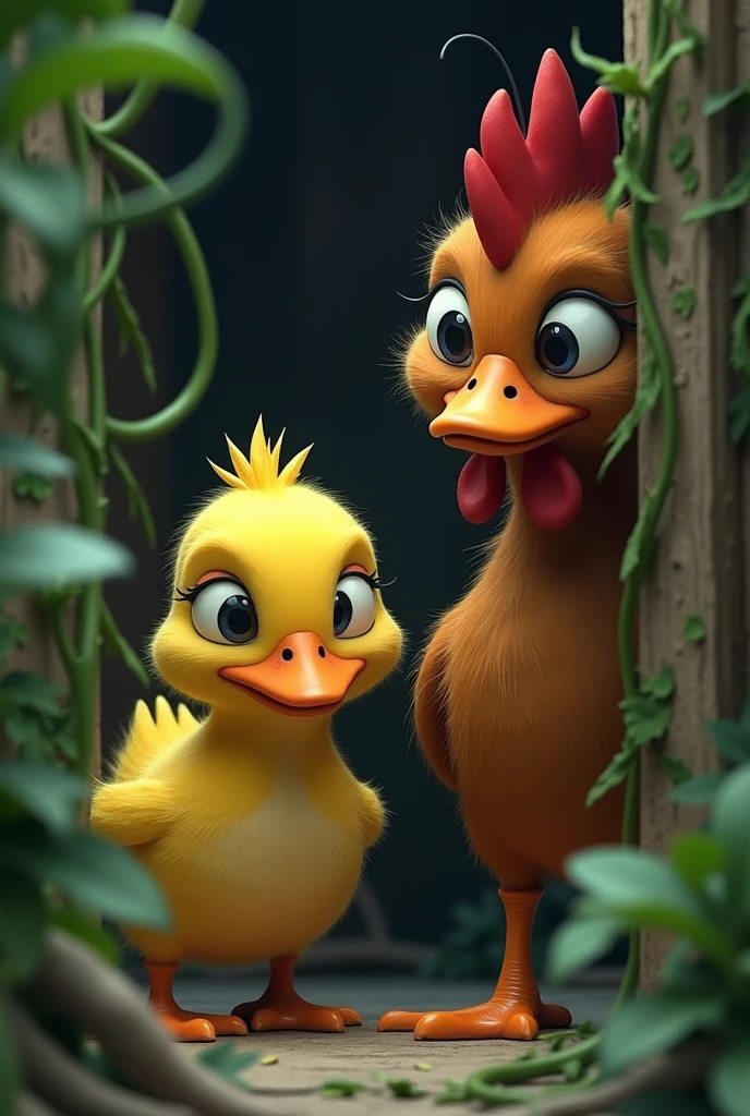 Generate me an image of a yellow duck and a brown hen mysteriously spying on the big one