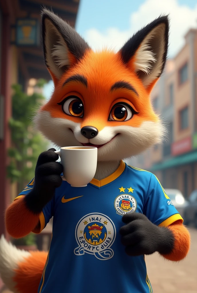 An anthropomorphic fox with a beard wearing a Cruzeiro Esporte Clube shirt and drinking coffee in Belo Horizonte.