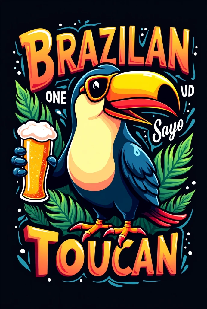 Make a T-shirt print, with animated Brazilian toucan sunglasses, with beer, with phrases in the background, with black background