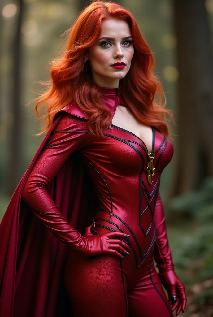 redhead woman in scarlet witch superhero costume