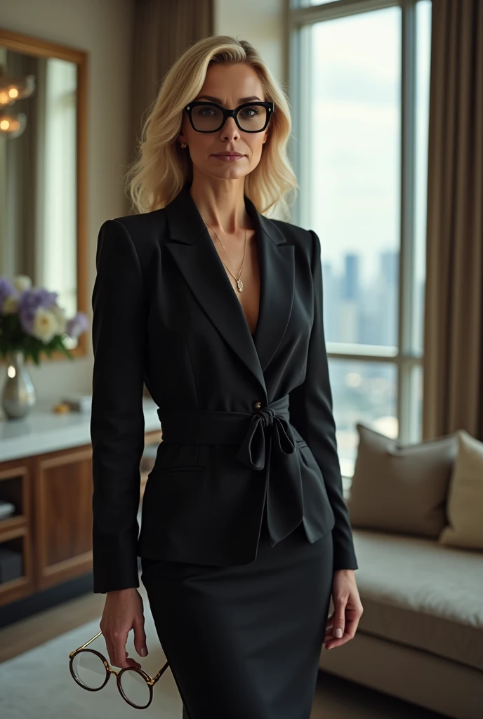 Miranda Priestly, wide shot, in a luxury apartment, holding glasses with her left hand, looking straight ahead at the viewer, ultra definition, realistic details, 4k.