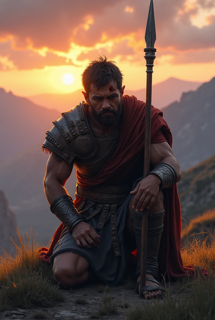 a greek wounded warrior sitting ( kneel) devasted on a hill