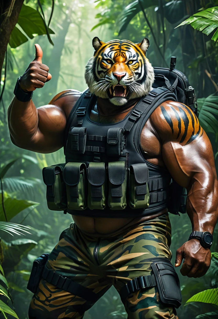 (a dark-skinned fat muscular old man in a bulky army camouflage zipper diver suit) thumbs up pose, carrying an AK-47, (wearing a small-sized realistic roaring tiger mask), dynamic action pose, fierce expression, roaring, showcasing an imposing stature, surrounded by military elements, dramatic shadows and intense highlights, cinematic color tones, high detail, powerful, art influenced by Bruce Onobrakpeya and Stanley Artgerm, ultra-detailed, best quality image, action-packed atmosphere. jungle background