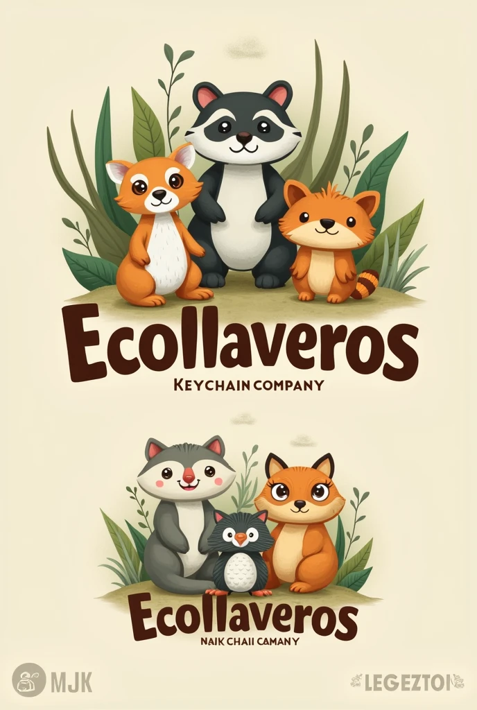 A logo for an eco-friendly keychain company with the name ECOLLAVEROS with animal dolls