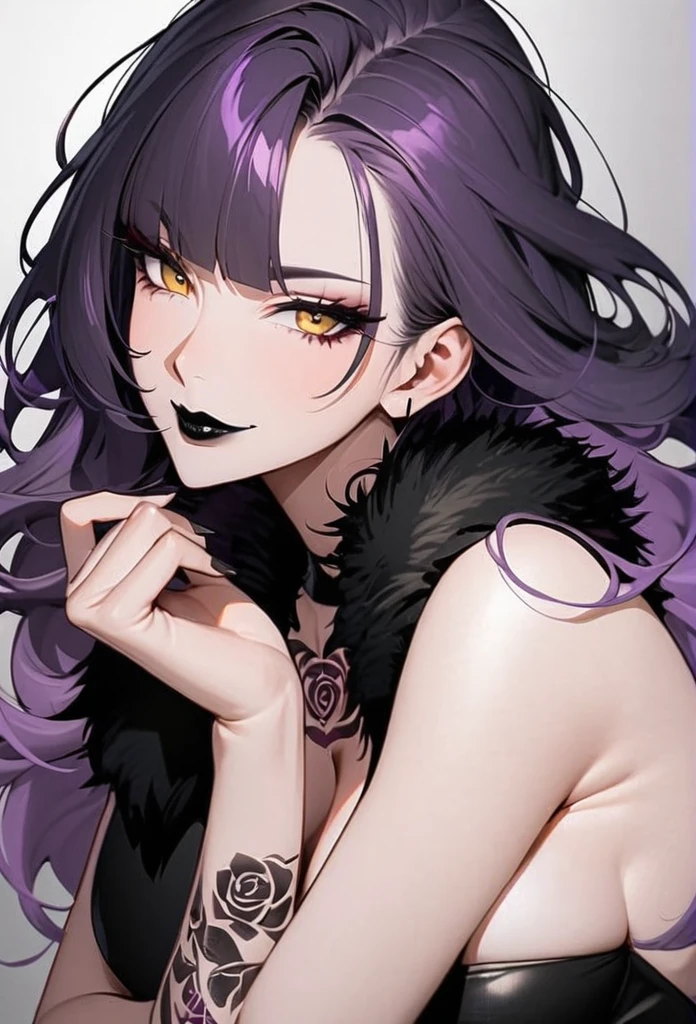 Mature woman, perfect eyes, long purple hair, straight bangs down, messy hair, golden eyes, breasts, sexy woman, waved hair, tall woman, (rose tattoos on arms), black lipstick, female fatale, sexy pose, sexy smile, beautiful body, black jacket with fur collar, elegant woman, white vinyl dress, black nails, portrait.