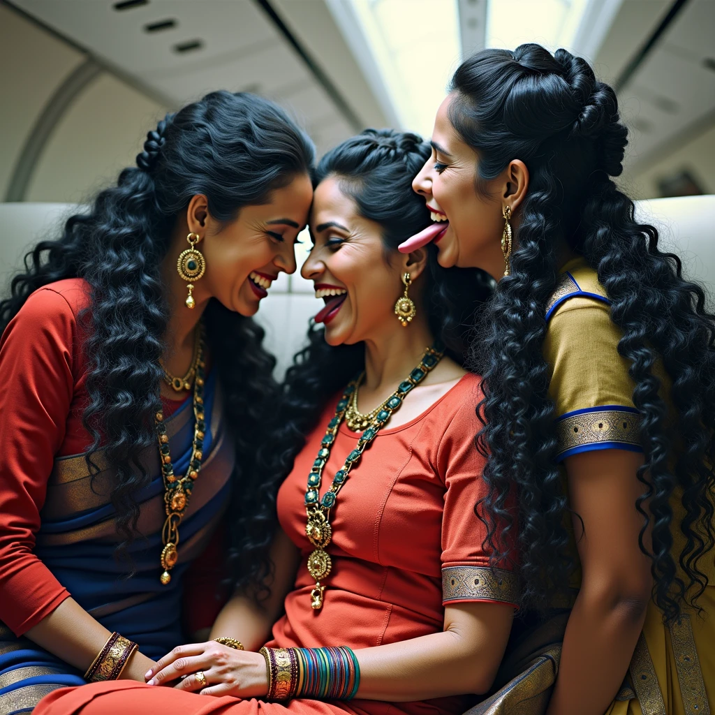In a unique in-flight scene, three 70-year-old Indian women make a striking impression. They are dressed in distinctive uniforms: one in a white pilot's outfit, another in a red flight attendant uniform, and the third in a traditional blue saree. Their unnaturally black, 3C curly hair, reminiscent of coiled springs, draws the eye with its inexplicable sheen and volume. Each strand seems to have been meticulously crafted by an unseen hand, coiled and coiled a million times over until it reaches a state of surreal perfection. The hair appears to have been showered with an unimaginable amount of oil, so much so that it resembles wet pulp, saturated and absorbing the light around them,The oil-drenched hair cascades elegantly down their backs, allowing for a clear view of the meticulously styled partings and the smooth lines of their scalps. The glossy texture of the hair accentuates the clean, polished look of their elaborate hairstyles. In this serene moment, while all other passengers are sleeping, the three women are positioned one on top of the other, wildy sharing kisses in tongues out, This unusual and dramatic portrayal highlights the extreme use of hair oil, showcasing its impact on their opulent and meticulously crafted looks amidst the quiet of the cabin.