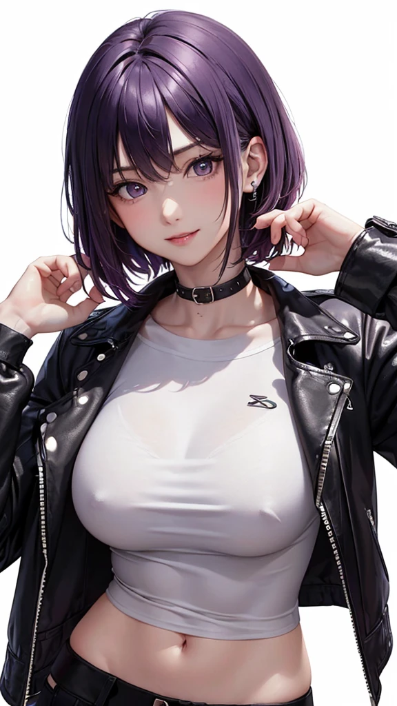 Best Quality,High resolution,8k,(plain white background, no patterns, no textures, just a plain white background:1.3),Masterpiece:1.2),beautiful girl,Big Breasts,(Glossy, deep purple hair:1.3),bob cut,Beautiful purple eyes,A girl wearing a black leather jacket with metal studs, ripped jeans, and a band T-shirt, embodying a rebellious punk rock style,Gentle look,A refreshing look,smile,Best quality,Best Quality,Aesthetic and aesthetic:1.2,Best details((Super detailed))(High-definition CG illustrations),Slender body,smile,blush,cute,Scrounge,Looking up,Being spoiled,super model