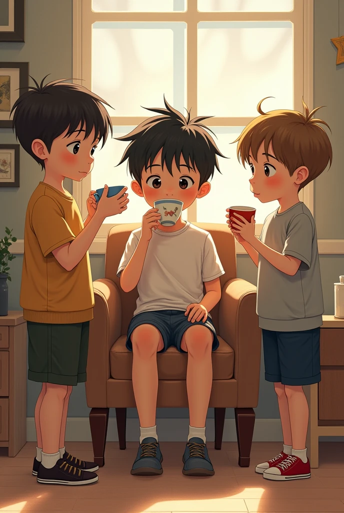 middle boy is sitting on a chair and two boys are standing. Everyone should have a cup of tea in their hands.