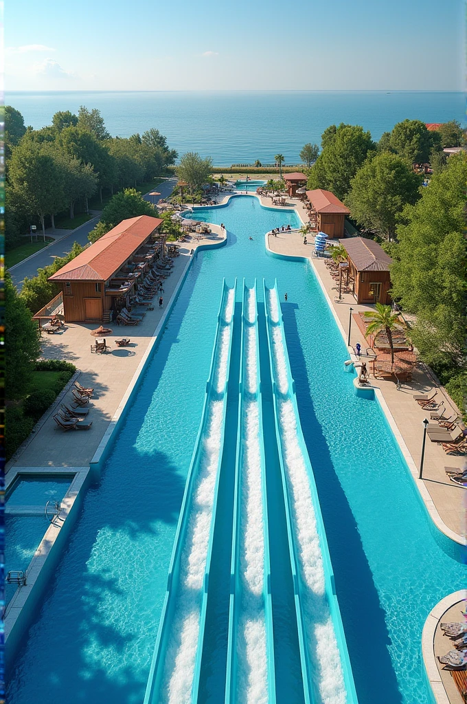an Aqua Park with a luge,wave pool, large swimming pool, slow river, water-related games, and a themed restaurant with parking
in a plot of 11430m² near the sea and first position of a road