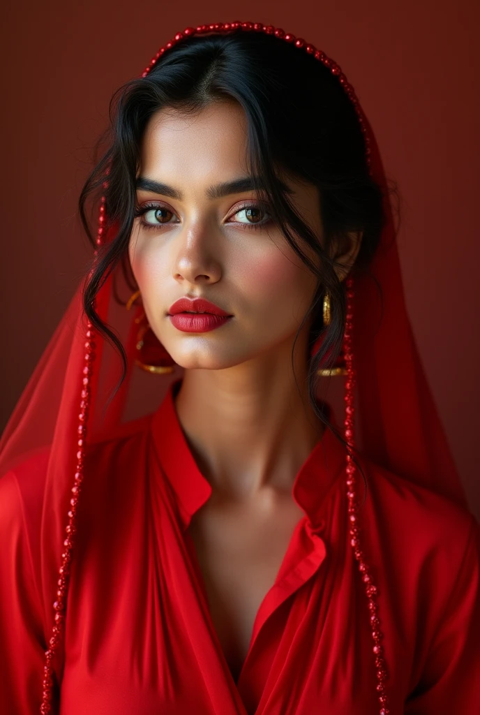 A photo of a girl who looks like Jashush and that girl is wearing red clothes and a red handkerchief. The title of the photo should be Nandini Roy and the title should be in a high-level design. 