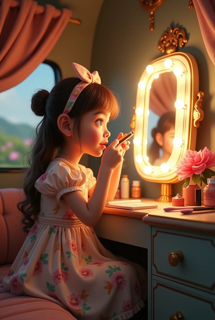 Cute little realistic girl doing makeup in vanity van
