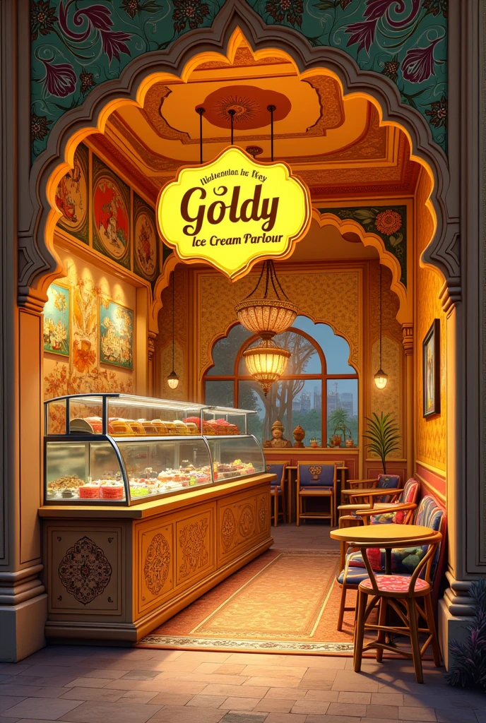 An Indian ice cream shop with named " Goldy icecream parlour " 