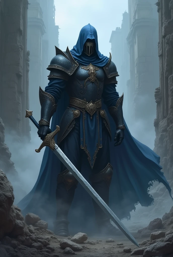 A hero, Masked Knight, Ancient form theme, black and blue colored, with two handed sword in his side, standing in the ruin city with dark mist