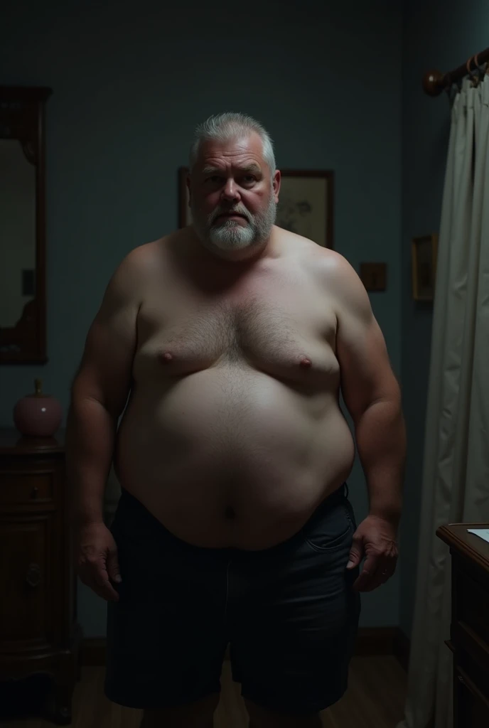 Shirtless white man, fatter, low light room