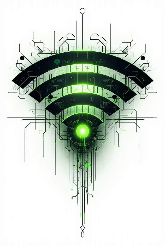 black and green tattoo that represents computer information technology and wifi networks just the design with a white background