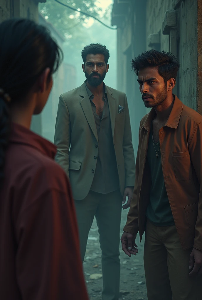 imagine prompt: 2d, personality: [Show Keshav backing away slightly, panic in his eyes as he looks behind him. The tension in the room heightens, captured through the expressions of all three characters, emphasizing fear and uncertainty] unreal engine, hyper real --q 2 --v 5.2 --ar 16:9