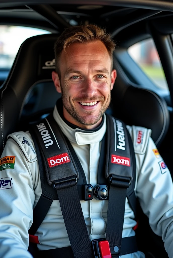 man wearing 6-point seat belt of rally racing car, show all details, full body facing forward and smiling