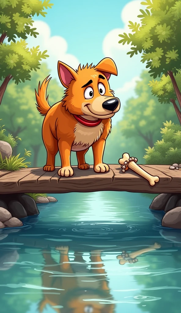 The dog pauses on the bridge, growling at his reflection in the water, thinking it's another dog with a bigger bone.
The bone fells in river and disappears into the water, leaving the dog looking down sadly at the ripples in the river.
The dog is orange and Show a dog but should not be fat or child.
Show as cartoons