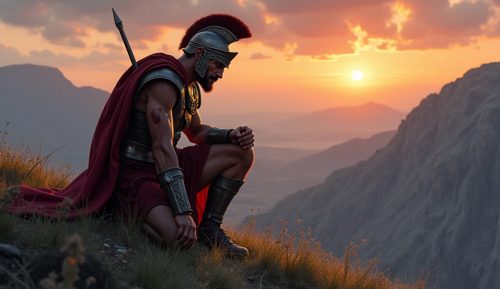 a greek wounded warrior sitting ( kneel) devasted on a hill