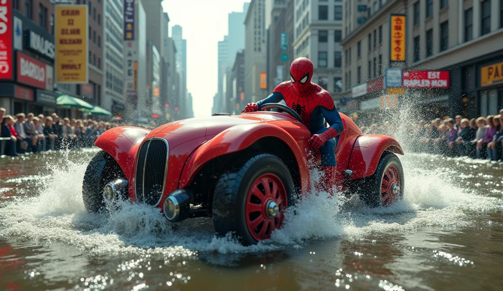 Spider-Mobile Disaster: In the comics, Spider-Man briefly had a Spider-Mobile, a car he drove around New York City. It was a ridiculous idea since he could swing faster than he could drive, and he crashed it into the Hudson River.