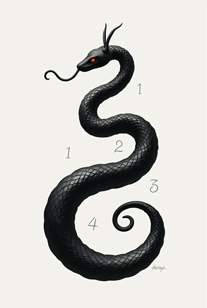 Create a picture of a snake with the numbers 1 2 3 and 4 the snake should be elongated and completely black 