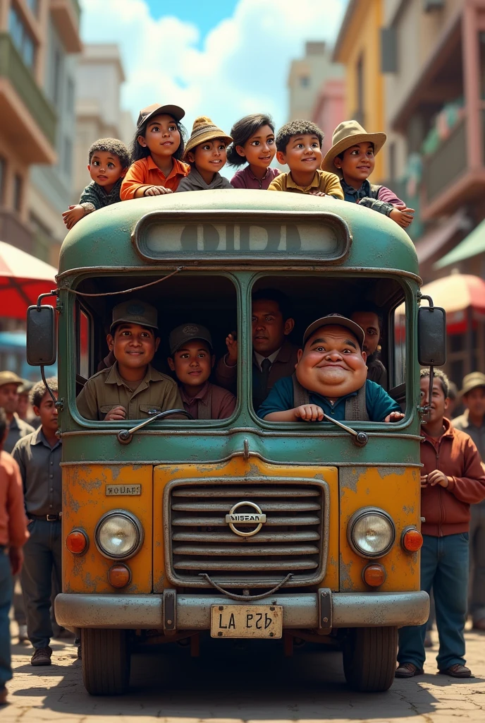Nissan bus packed with passengers driven by a chubby dirty guy with a cap in La Paz, Bolivia