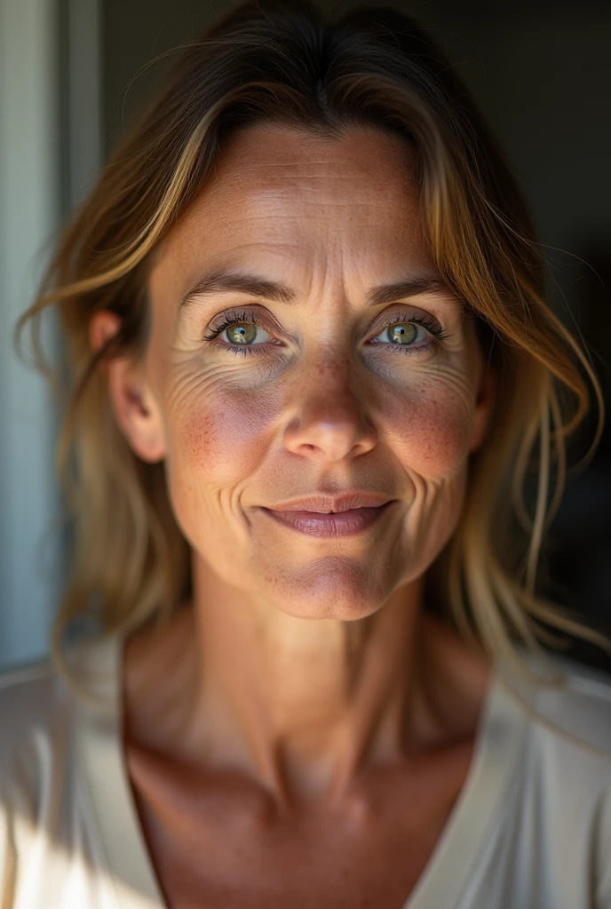 A middle-aged woman with freckles, captured with a Canon EOS 5D Mark IV, 50mm lens, natural sunlight, high detail, realistic skin texture, soft shadows, focused eyes.