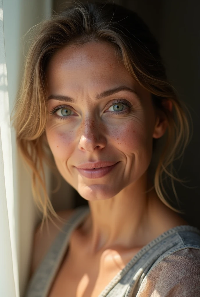 A middle-aged woman with freckles, captured with a Canon EOS 5D Mark IV, 50mm lens, natural sunlight, high detail, realistic skin texture, soft shadows, focused eyes.